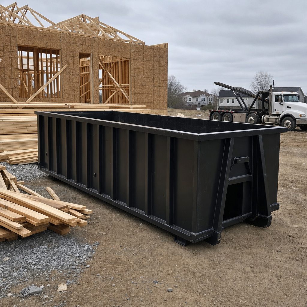 Matte-black 40-yard roll-off dumpster staged on a framed-out residential construction site in Pearland, framing lumber stacked nearby, hooklift delivery truck visible in the background under bright Colorado daylight