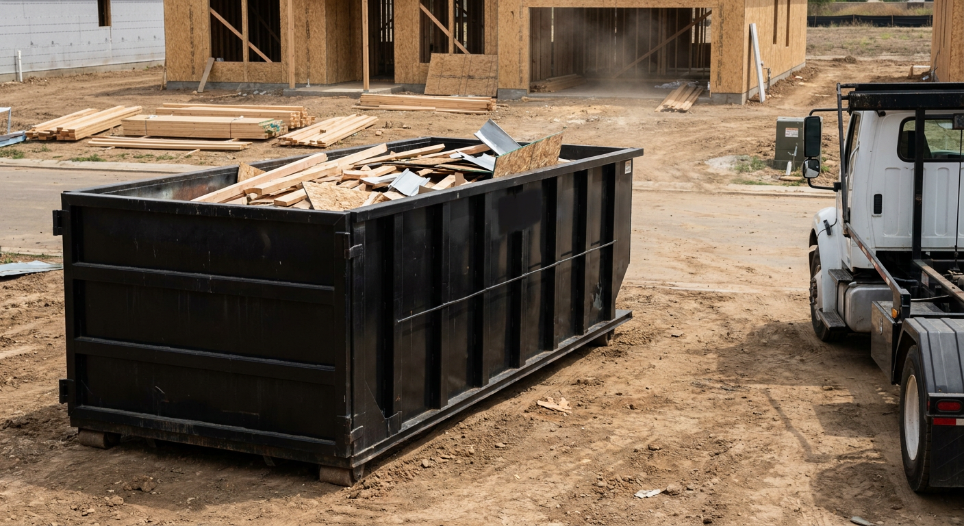 Matte-black 20-yard roll-off construction dumpster with heavy ribbed steel sidewalls and swing rear doors at a working jobsite in Pearland, sitting directly on compacted dirt with an unmarked white hauler partially visible at the far edge of the frame.