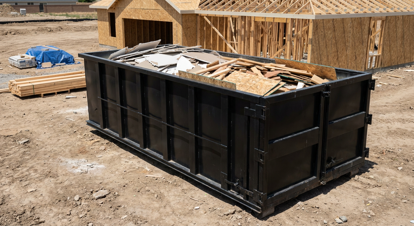 Matte-black 30-yard roll-off construction dumpster sitting directly on the compacted-dirt site of a framed single-family home build in Pearland, drywall and lumber scrap loaded inside.