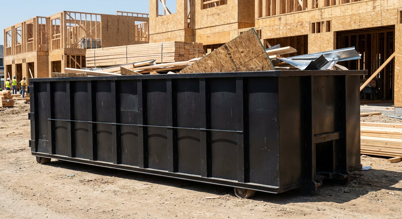 Matte-black 40-yard roll-off construction dumpster being lowered from a white-cab hooklift delivery truck onto the compacted-dirt jobsite at a commercial build site in Pearland