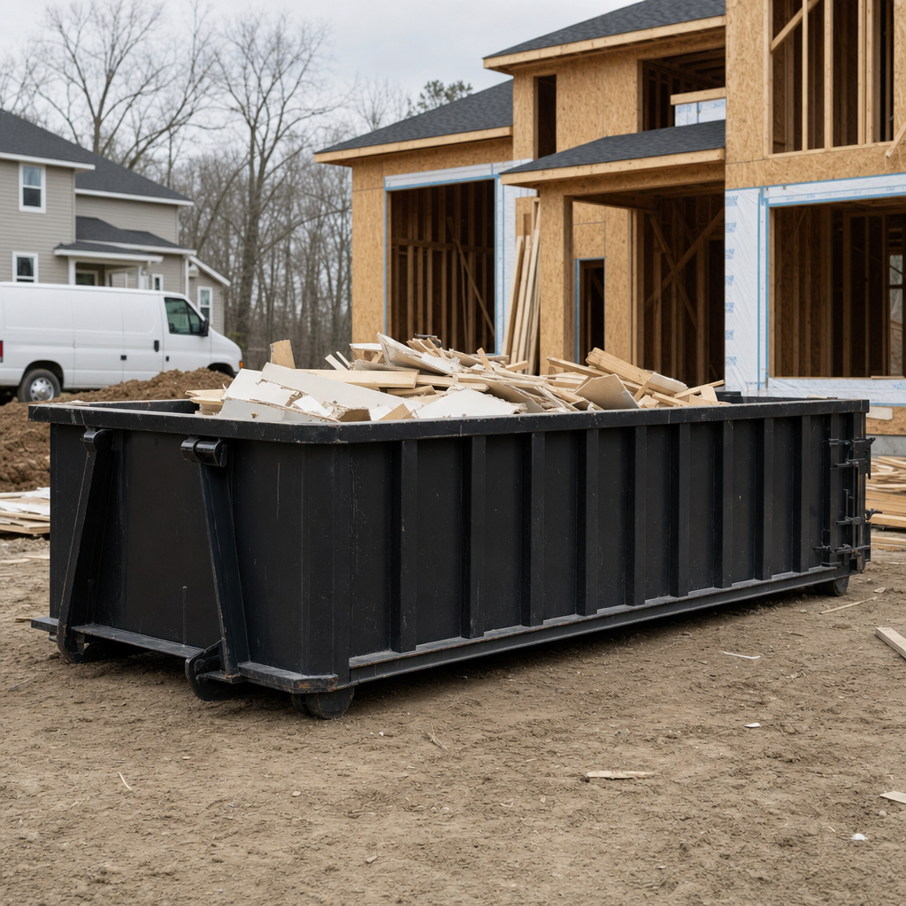 Worker in a yellow high-visibility vest tossing framing lumber and broken drywall into a matte-black 30-yard construction roll-off dumpster on an active build site in Pearland, bright daylight