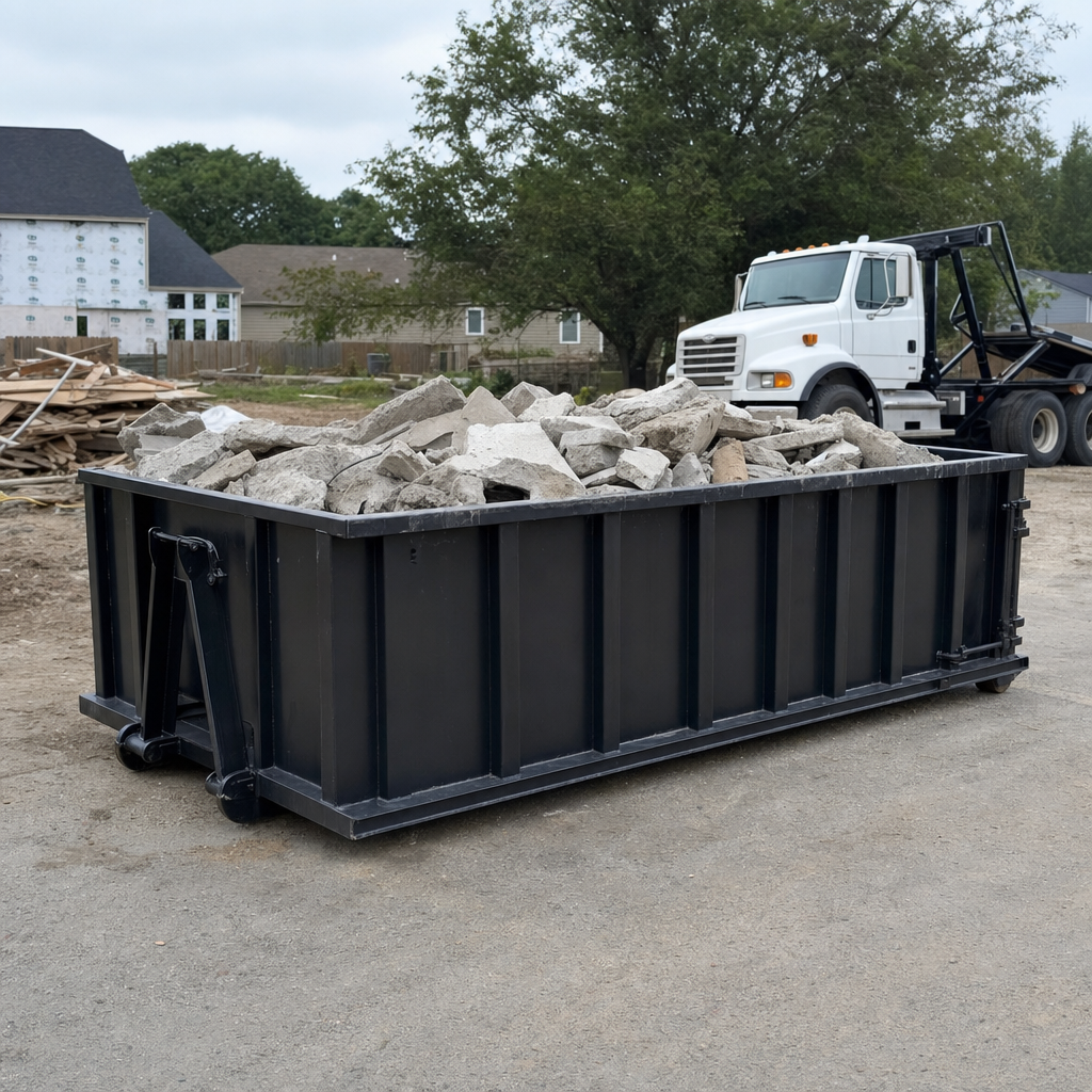 Low-profile matte-black lowboy roll-off dumpster loaded with broken concrete slab and rebar at a foundation tear-out in Pearland, skid steer parked beside it, sunny Colorado morning