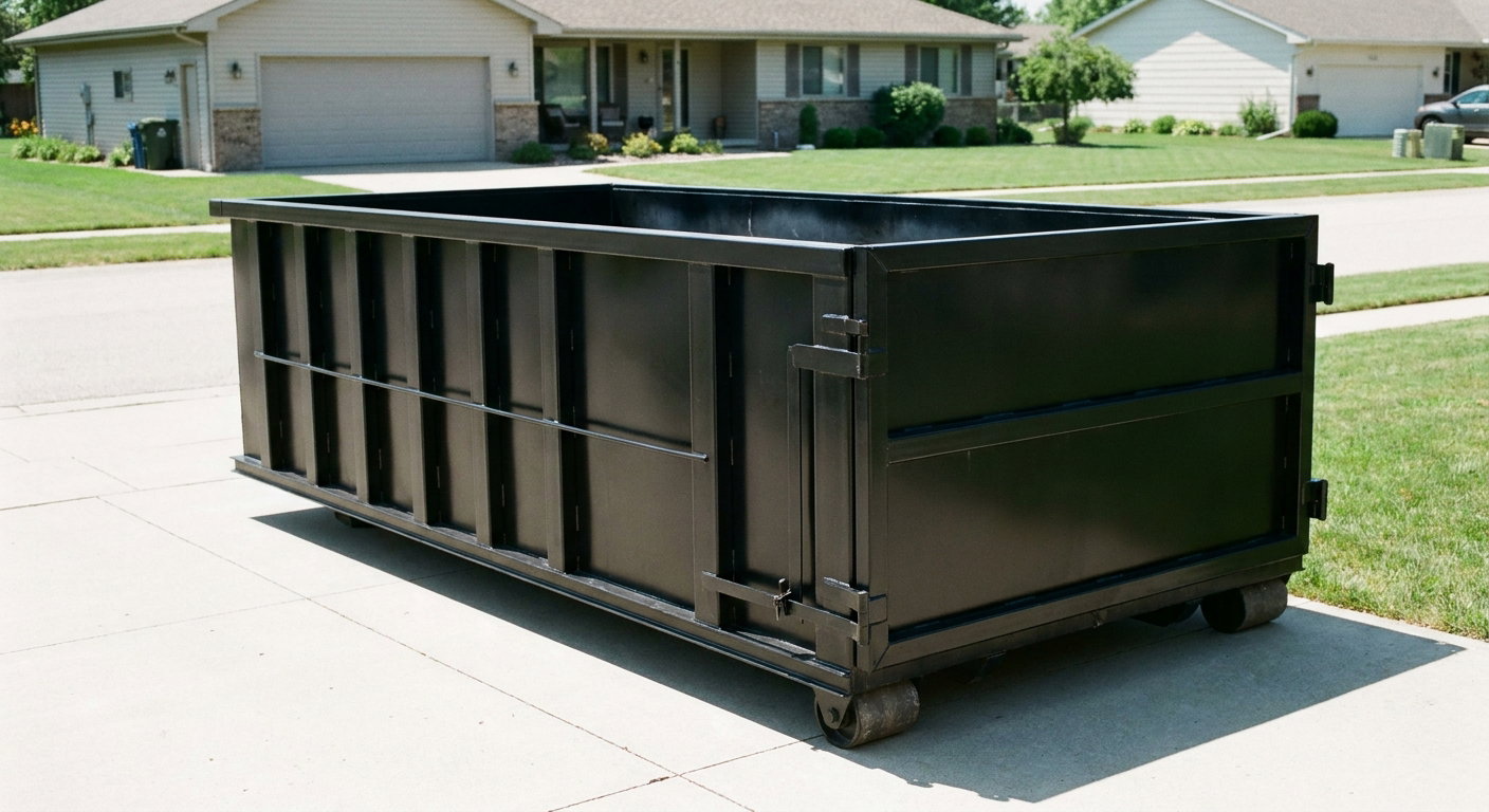 Matte-black 10-yard roll-off dumpster on a residential concrete driveway in Pearland, uniformly painted matte black across every panel and rail, ribbed steel sidewalls and rear swing door visible, mid-day daylight.