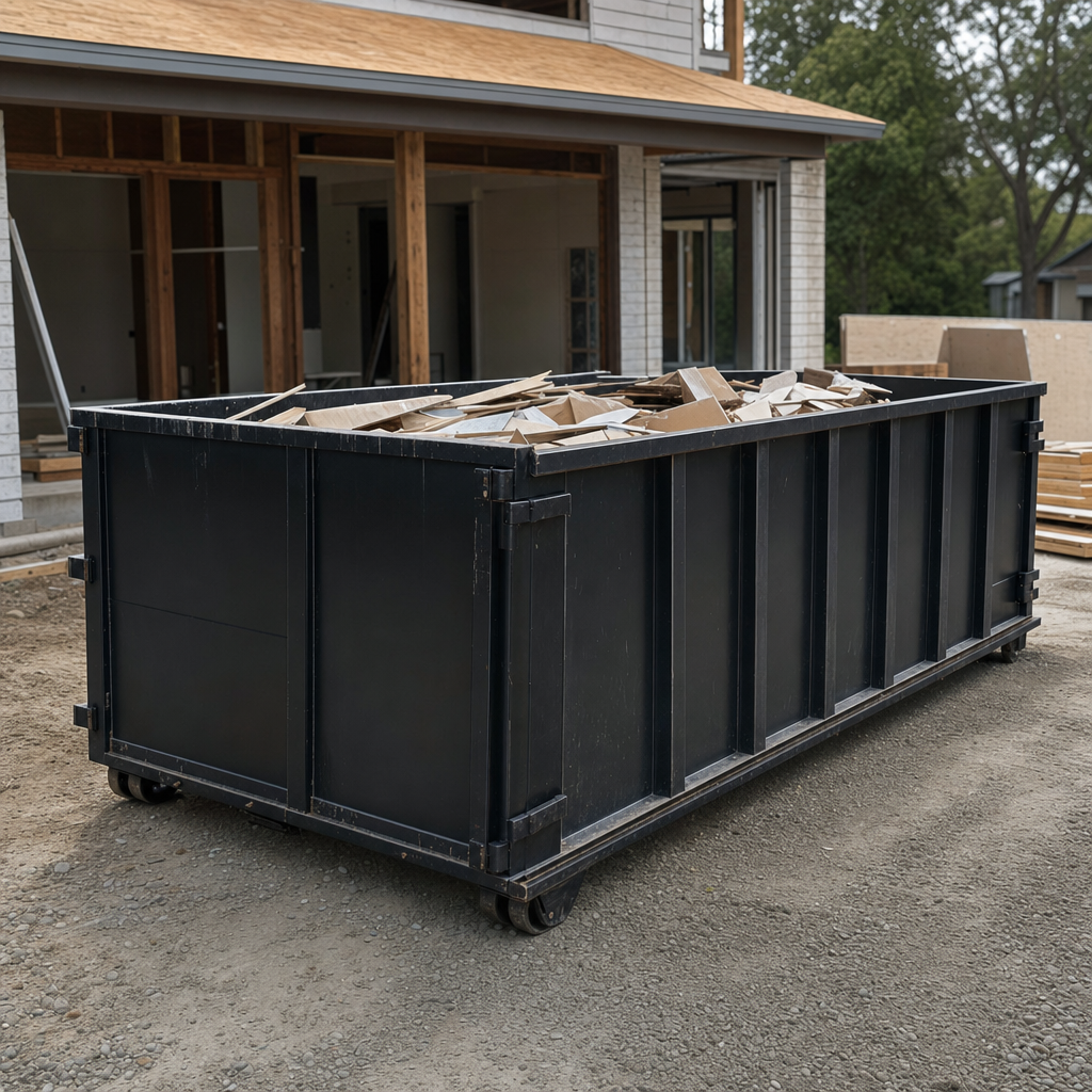 Large matte-black 30-yard construction roll-off dumpster at an active Pearland jobsite, steel-gray top rails and bottom rollers visible, loaded with construction debris.