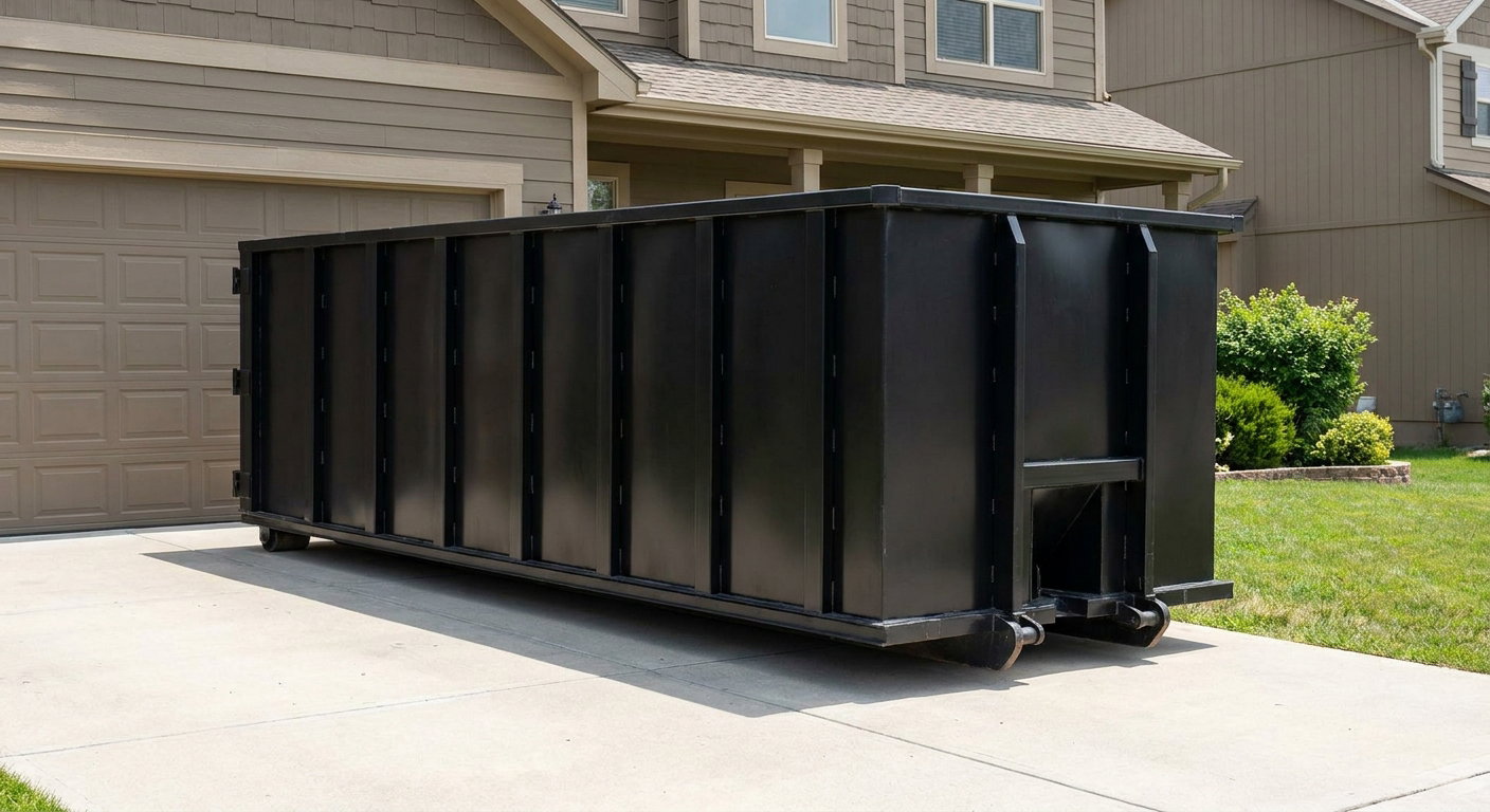 Matte-black residential roll-off dumpster sitting directly on a suburban Pearland concrete driveway, garage door closed, single-family home in background, bright morning daylight.