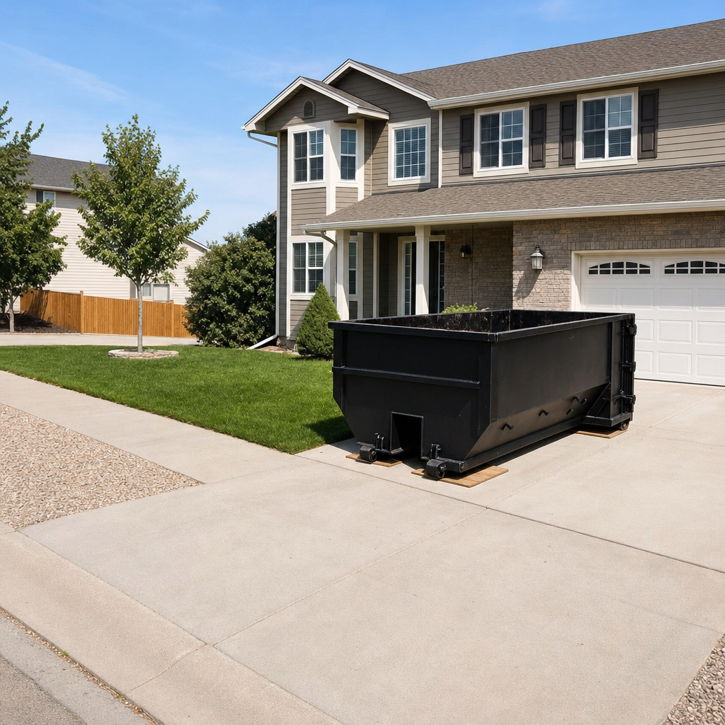 10-yard matte-black residential dumpster placed directly on a narrow Pearland concrete driveway, room remains for a parked sedan beside it, mid-morning natural light