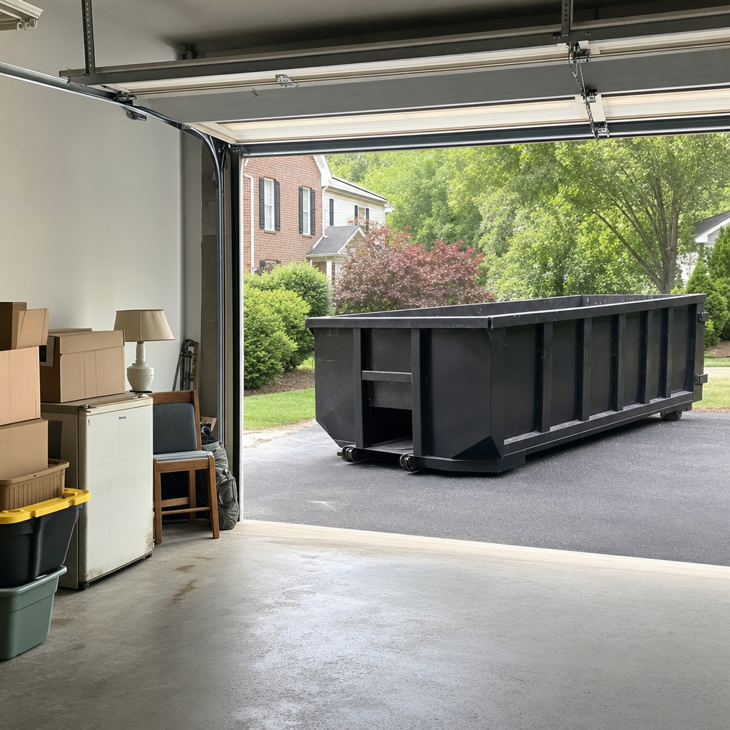 Open garage interior in a Pearland home mid-cleanout — boxed items, an old appliance, and stacked yard tools queued near the driveway for a matte-black roll-off dumpster, organized and calm
