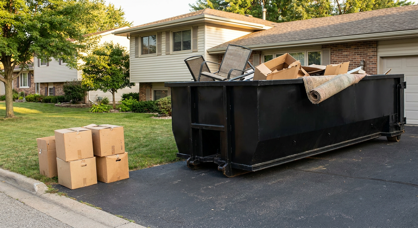 Front-yard view of a Pearland split-level home with a 20-yard matte-black roll-off dumpster sitting directly on the asphalt driveway, a few clearly labeled donation boxes staged at the curb, calm sunny afternoon.