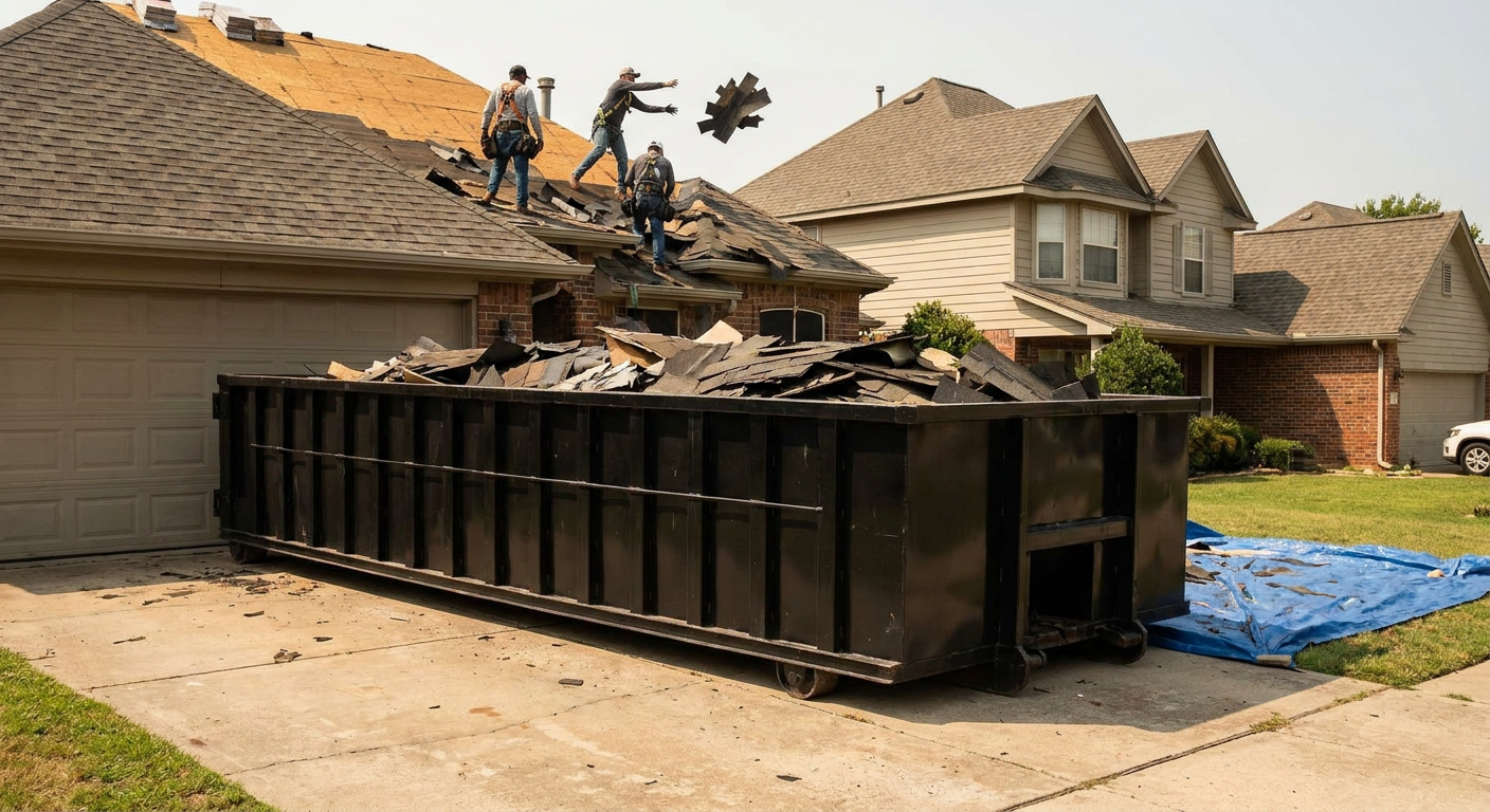 Matte-black roofing roll-off dumpster placed directly on a Pearland residential concrete driveway, a tear-off crew on a two-story asphalt-shingle roof tossing shingle bundles into the low-walled container, bright daylight, documentary 35mm perspective.