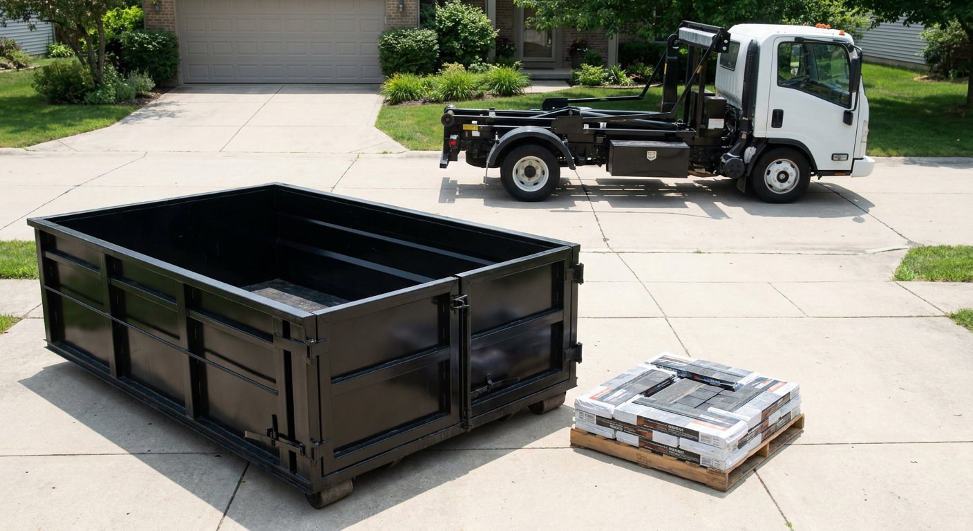 Matte-black 15-yard roofing roll-off dumpster with reinforced low side walls sitting directly on a Pearland residential concrete driveway, three-tab asphalt shingle bundles stacked nearby, an unmarked white hauler truck partially visible at the edge of the frame.