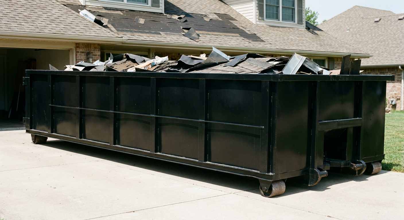 Matte-black 20-yard roofing roll-off dumpster with steel ribbed sides and swinging rear door, sitting directly on the concrete driveway of a two-story Pearland home, asphalt shingle debris being loaded over the low wall, clean documentary lighting.