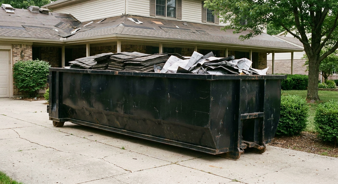 Matte-black 30-yard roofing roll-off dumpster sitting directly on a Pearland concrete driveway, taller ribbed steel side panels, mixed tear-off debris of asphalt shingles and underlayment inside, professional documentary daylight.