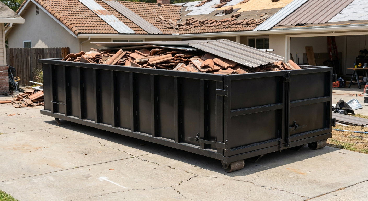 Matte-black low-wall heavy-debris roofing roll-off dumpster sitting directly on a Pearland concrete driveway, broken concrete clay roof tiles and metal panel sections loaded inside, reinforced ribbed steel side walls visible, bright outdoor daylight.