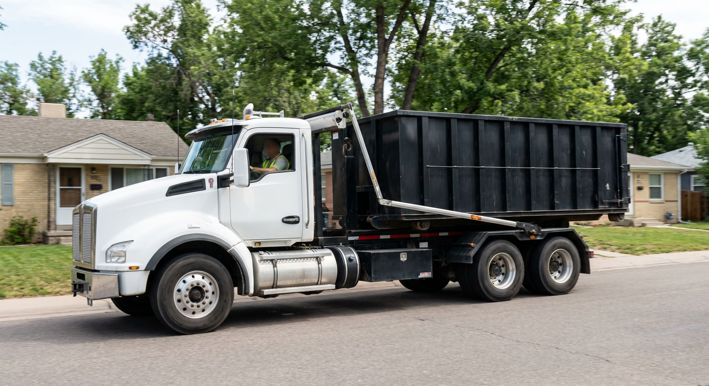 A wide documentary shot of a matte-black roll-off delivery truck pulling onto a quiet Pearland residential street at mid-morning, with neighborhood rooftops and tree-lined blocks visible behind, showing the metro coverage footprint.
