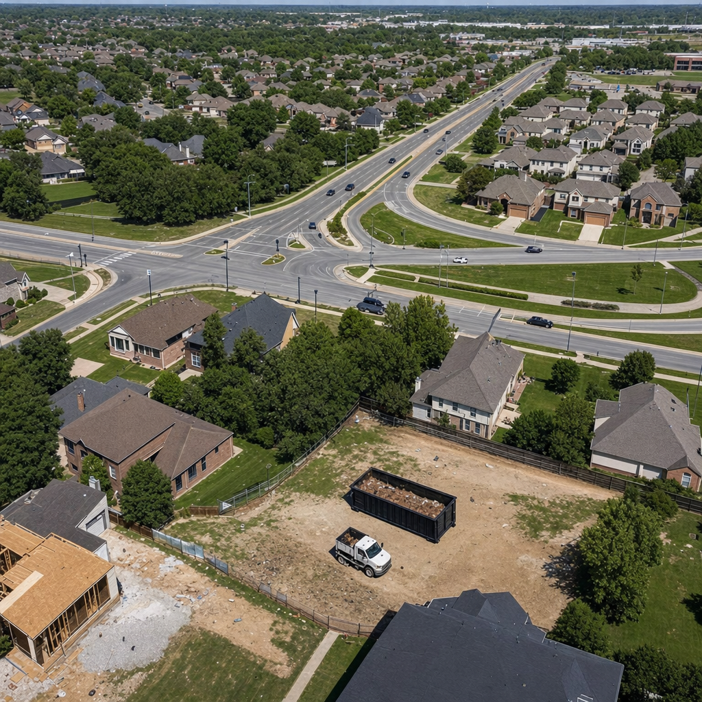 An overhead documentary view of the Pearland metro area at midday, showing the spread of neighborhoods, arterial roads, and the dispatch radius from a central yard — clean daylight, organized geographic layout.