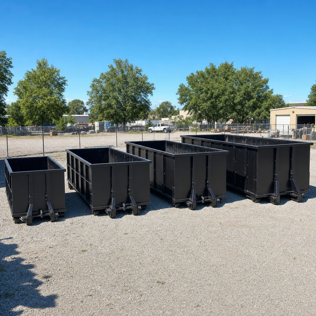 A clean lineup of matte-black roll-off dumpsters in 10, 20, 30, and 40-yard sizes staged on a sunlit gravel yard in Pearland, showing the size progression from compact to commercial-scale containers.