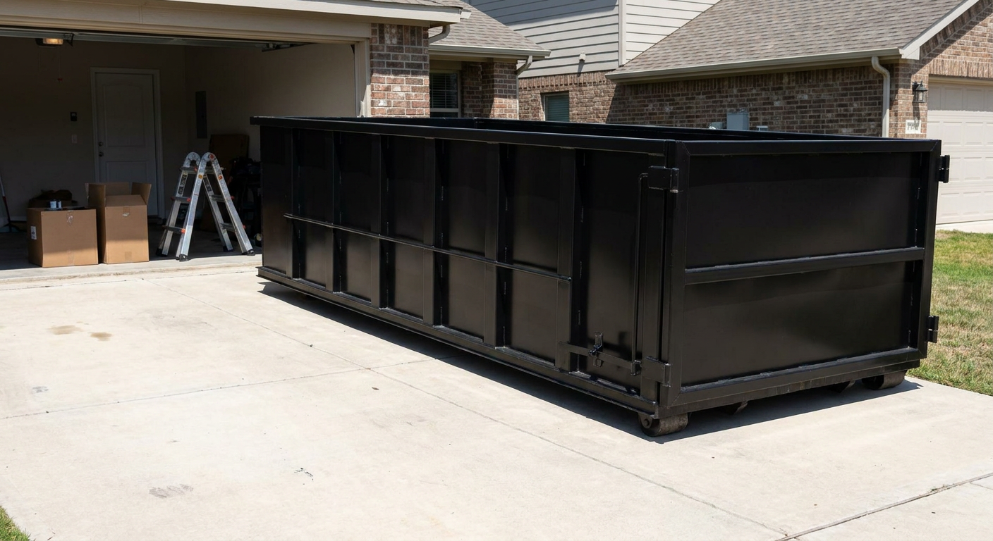 A matte-black 10-yard roll-off dumpster sitting directly on a residential Pearland concrete driveway, mid-day sunlight, clean and ready for a garage cleanout.