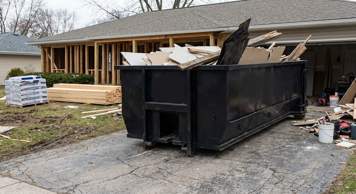 A matte-black 20-yard roll-off dumpster placed alongside a mid-renovation Pearland home directly on the asphalt driveway, with framing materials and torn-off shingles staged neatly nearby.