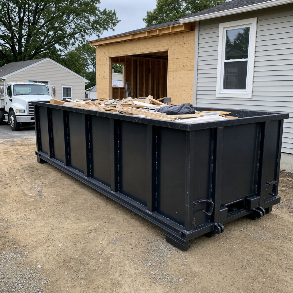 A matte-black 30-yard roll-off dumpster positioned at a Pearland residential addition jobsite, with framing lumber and drywall scraps loaded through the open swinging rear doors.