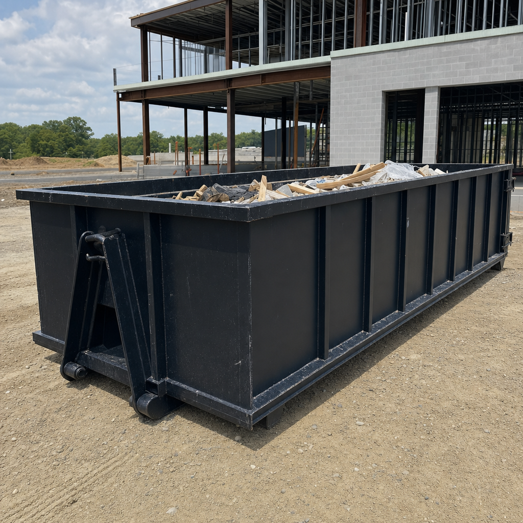 A matte-black 40-yard roll-off dumpster staged on a large Pearland commercial construction lot, with a hooklift delivery truck parked alongside under bright midday sky.