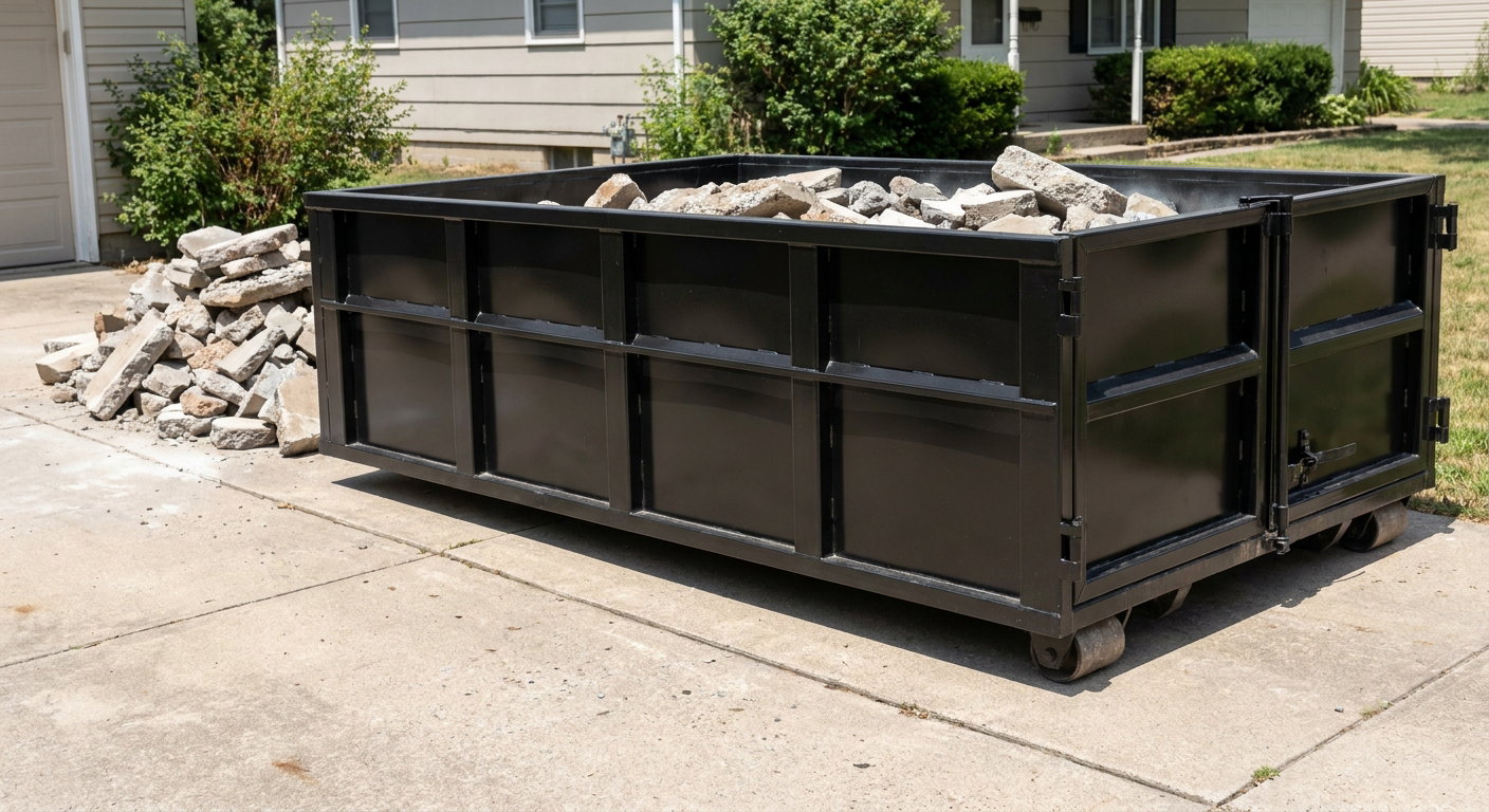A matte-black low-side heavy-debris roll-off dumpster placed directly on a Pearland concrete driveway, with broken concrete chunks neatly stacked beside it under clean daylight.